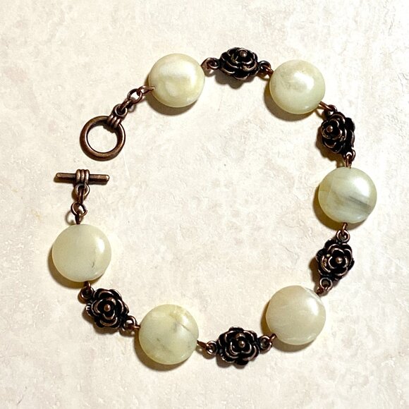 2/$20, Natural Yellow Opal Bracelet, Genuine Gemstone + Copper Rose - Picture 1 of 12